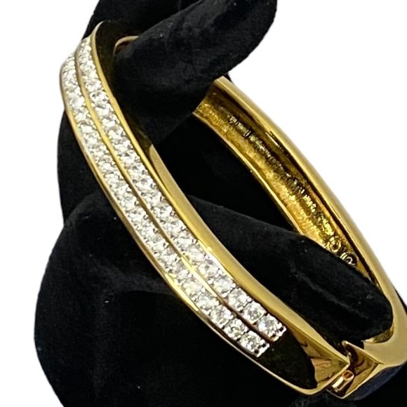 (3-085) Shiny Costume Gold Bracelet with Two Rows of Rhinestones - Picture 2 of 7